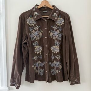 J. Jill Corduroy Floral Embroidered Button Down Shirt Boho Western Cottagecore